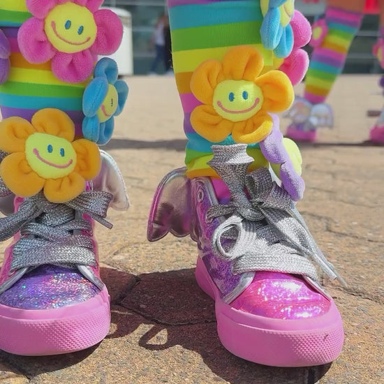 meias infantis arco iris com flores sorridentes coloridas estilo divertido para criança